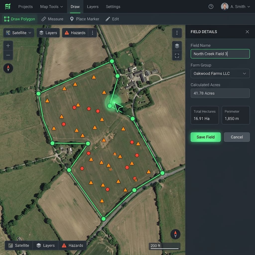 Field boundary drawing tool with vertex editing
