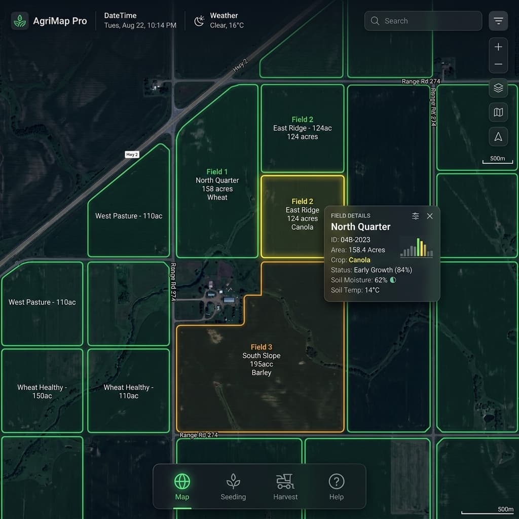 Digital Ag Map — satellite field mapping with colored crop boundaries