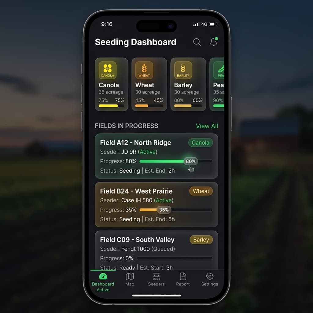 Seeding dashboard with crop progress cards and field list