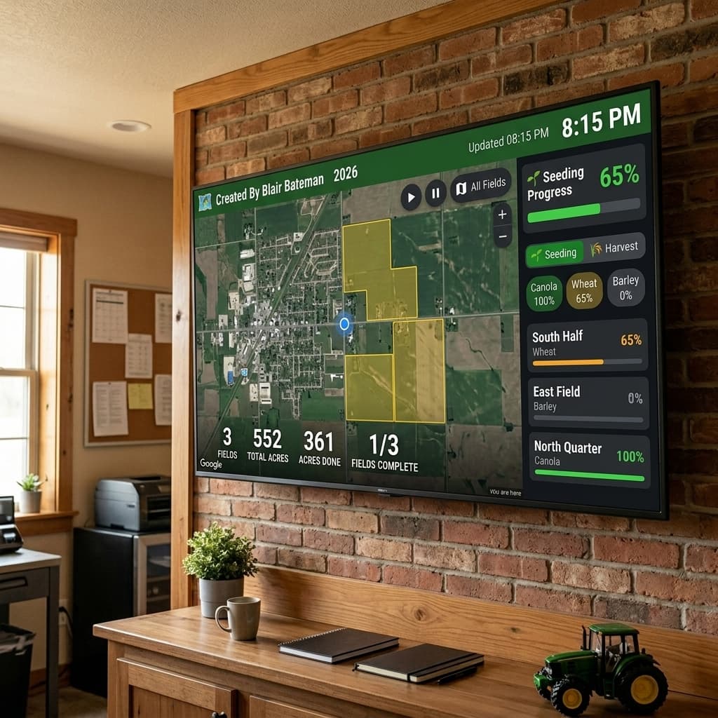 Digital Ag Map — TV Portal showing seeding progress on a wall-mounted screen