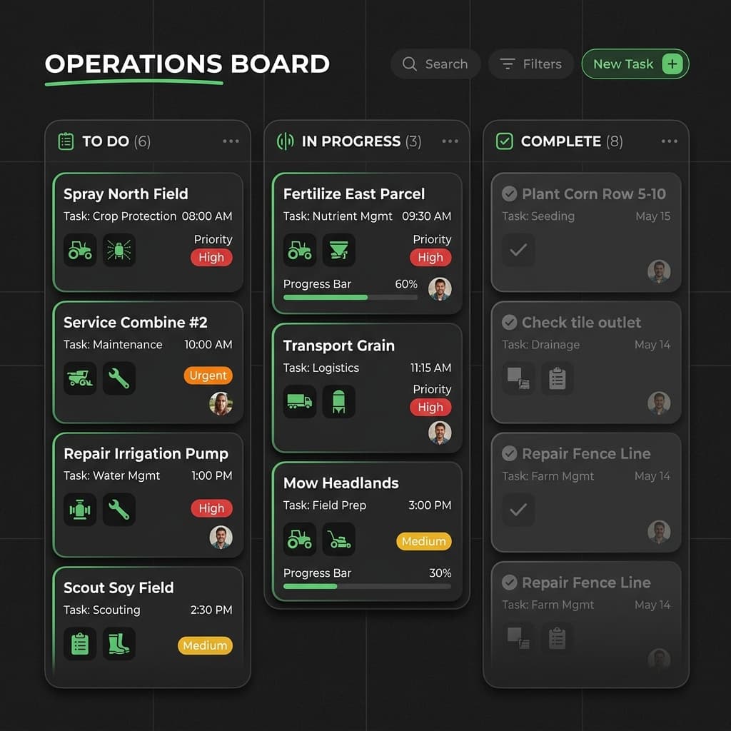 Operations Board — concept mockup of a Kanban-style farm task management board