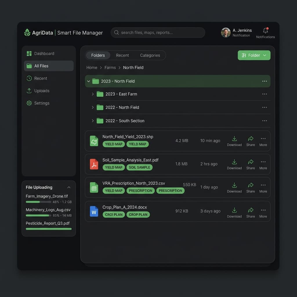 Smart File Manager — concept mockup of an organized agricultural file browser
